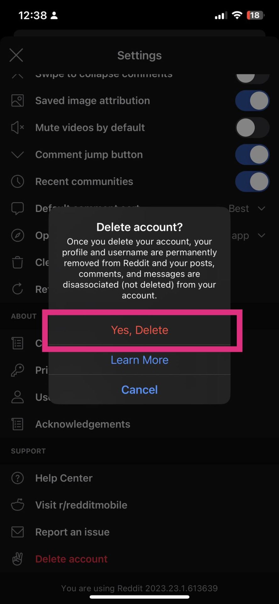 Reddit - deletion confirmation button