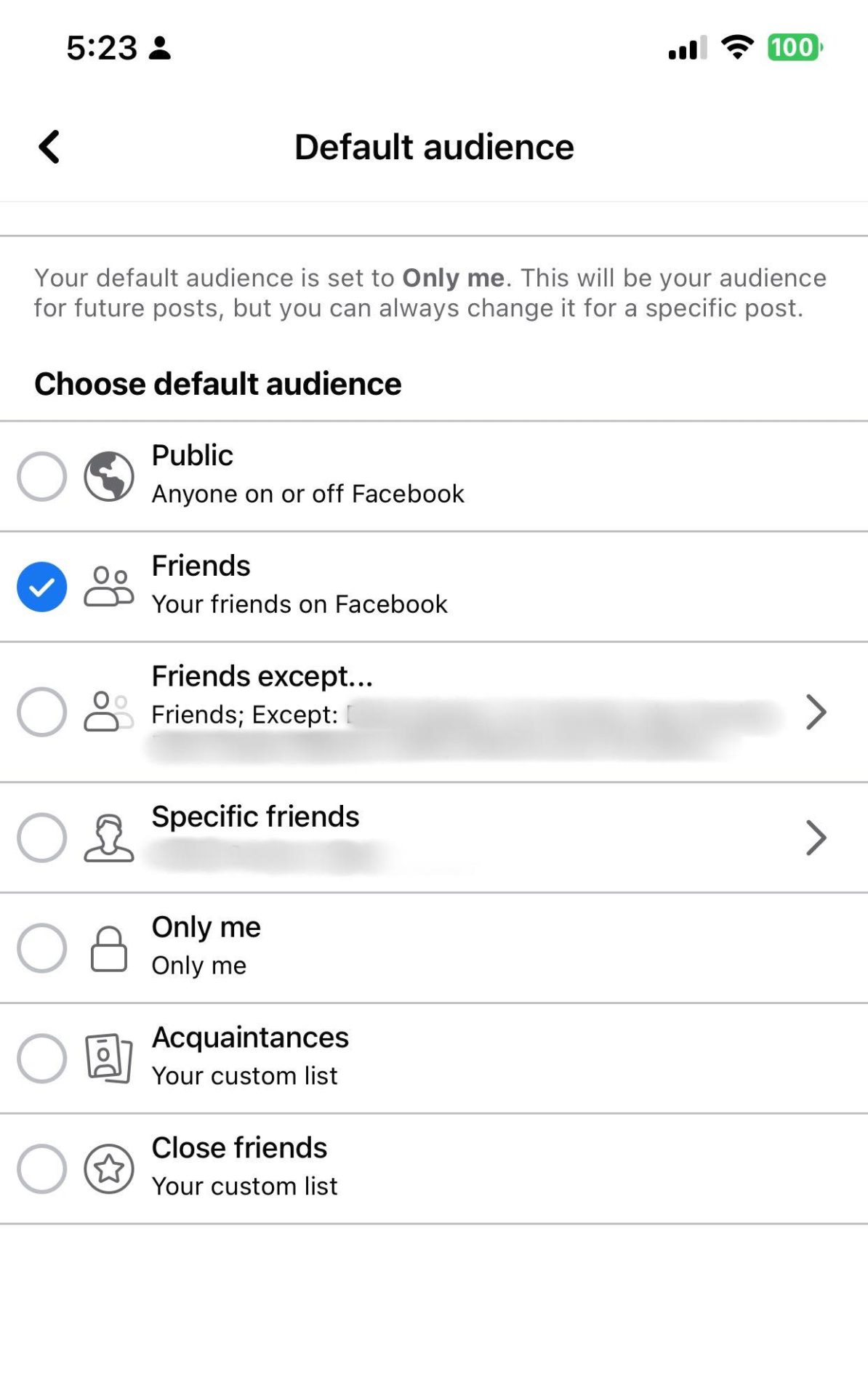 facebook limit posts - choosing default audience