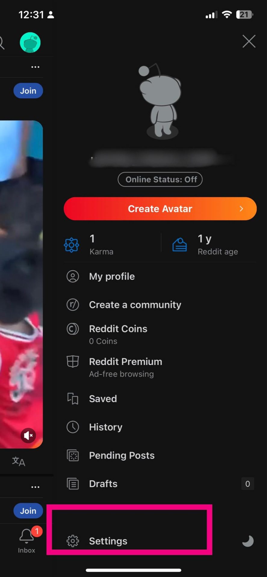 Reddit settings button