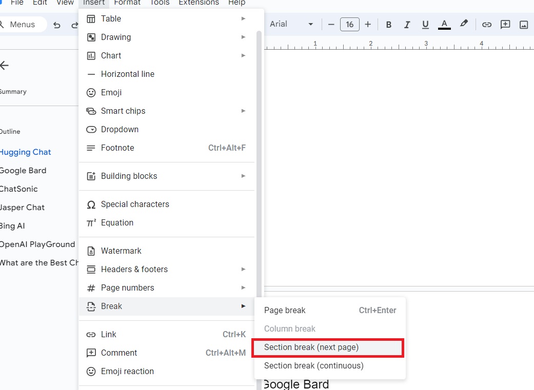 Adding Section break to Google Docs