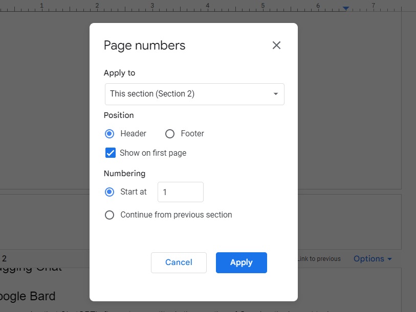 Adding page numbes Google Docs