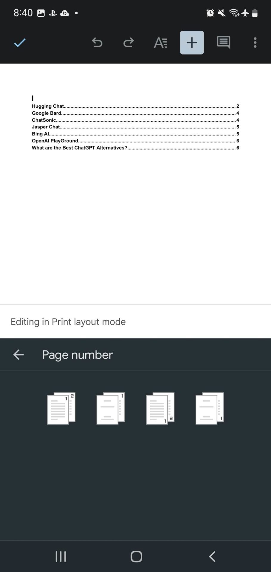 Adding page numbers to Google Docs via phone