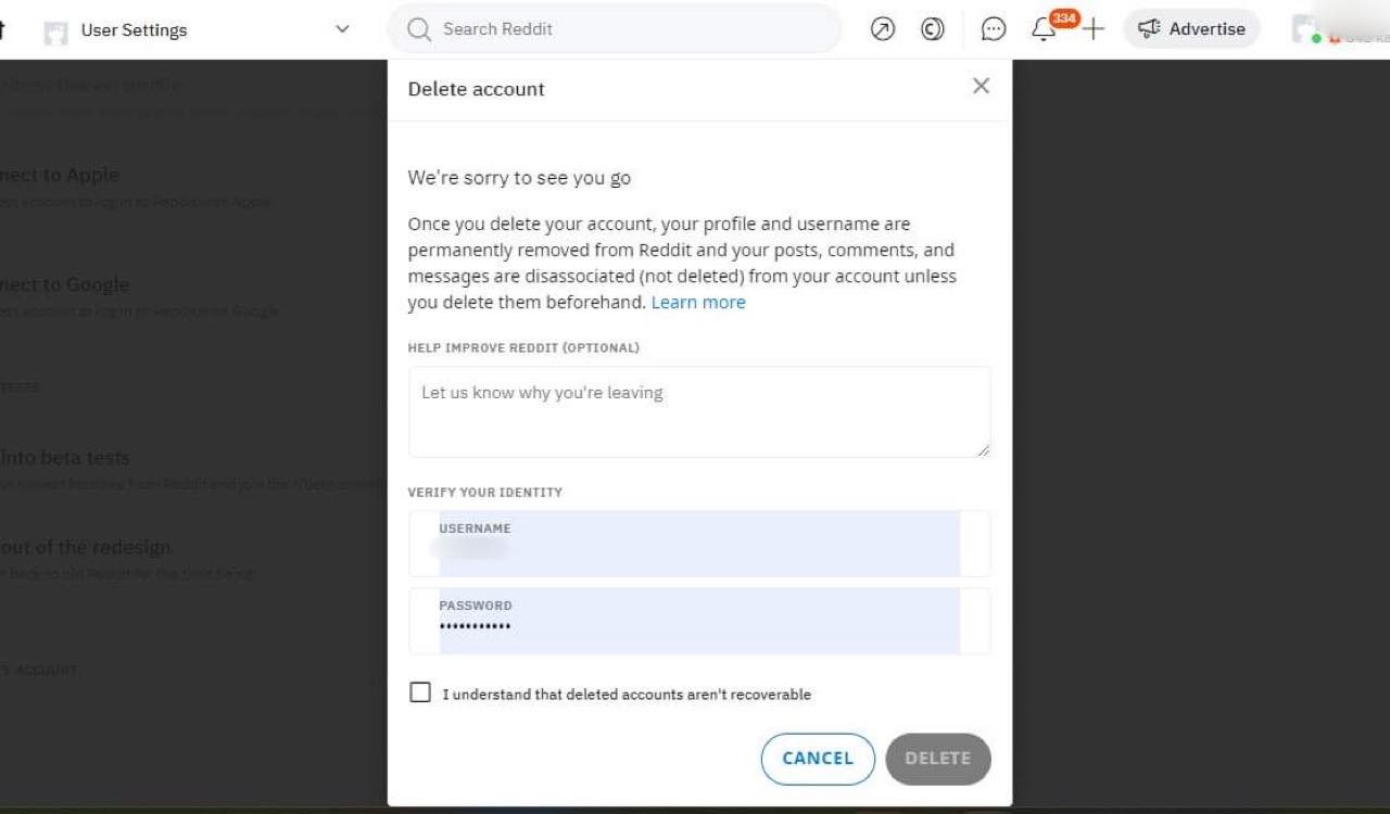 Reddit - deleting account from browser