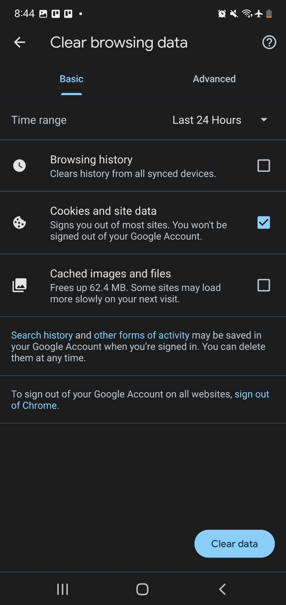 Cookies and site data in Chrome mobile