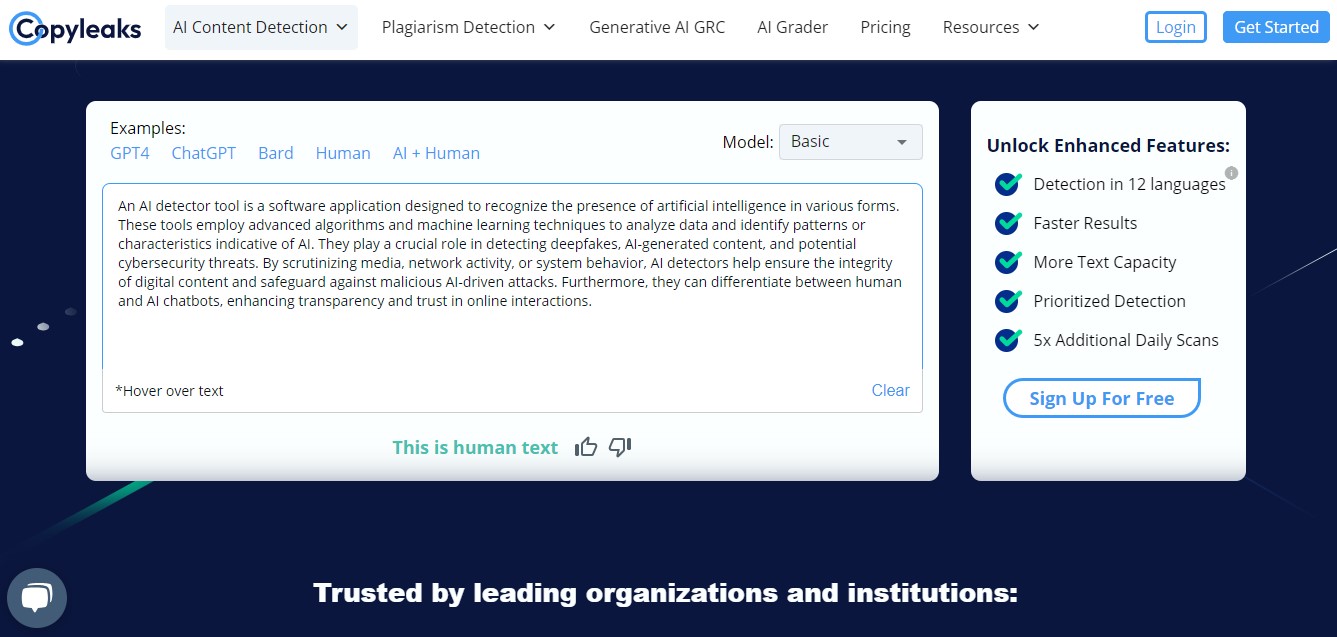 Copyleaks AI detector