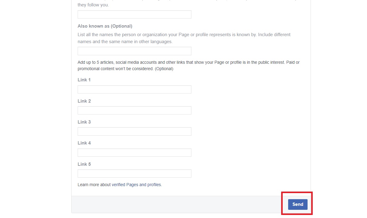 Facebook form for verification