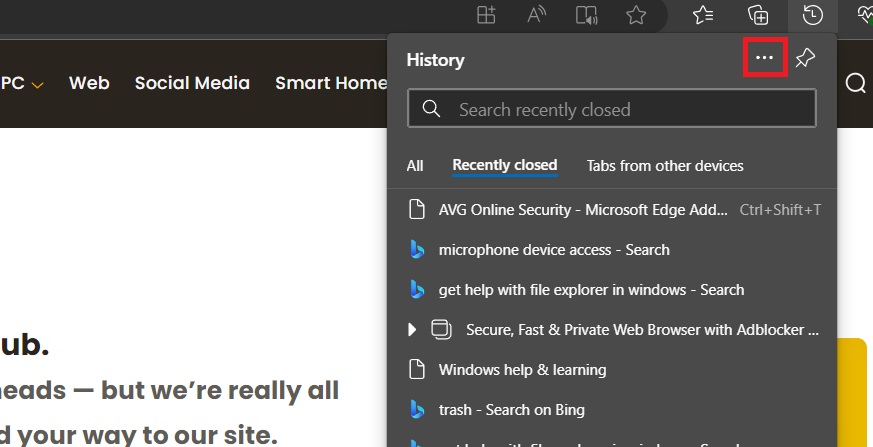 History menu on Edge