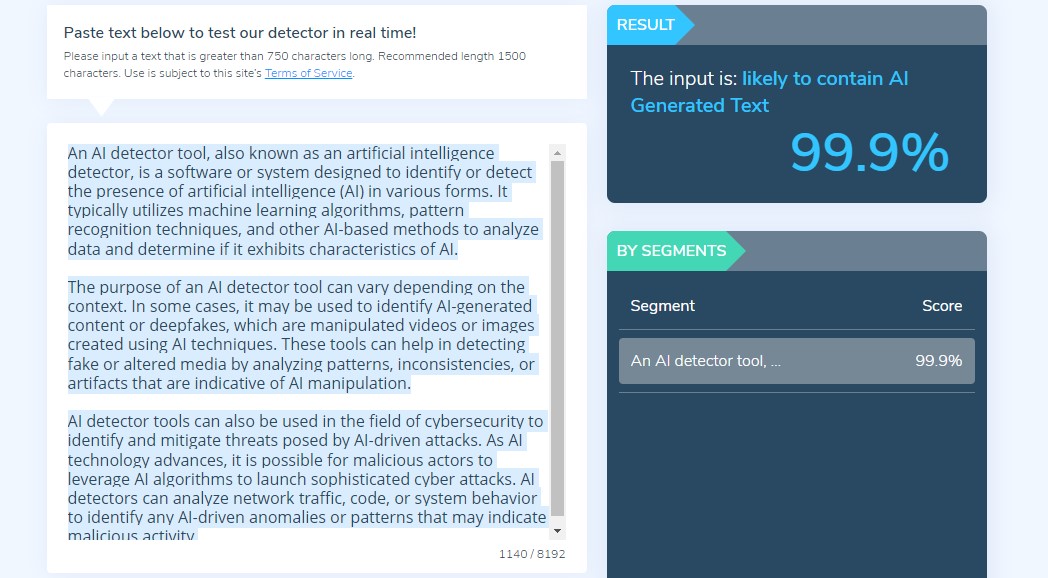 Hive moderation Ai detector tool