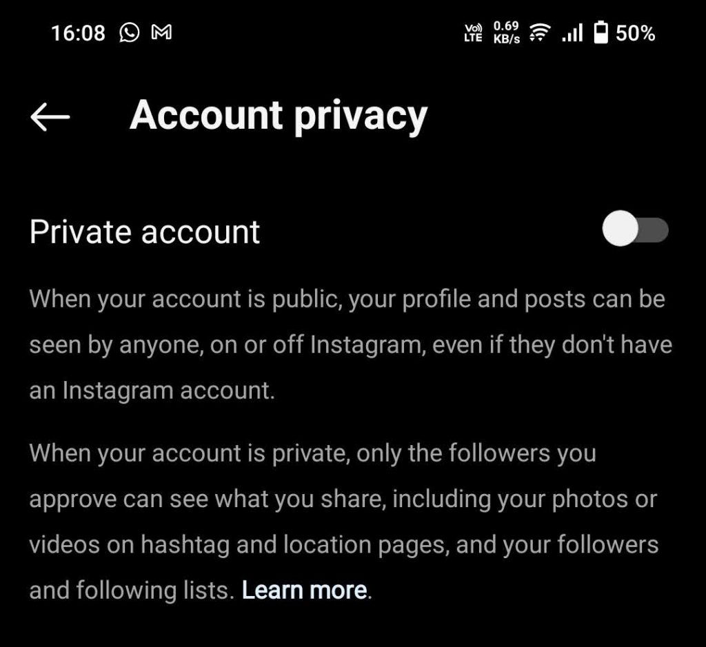 Instagram Account Privacy private