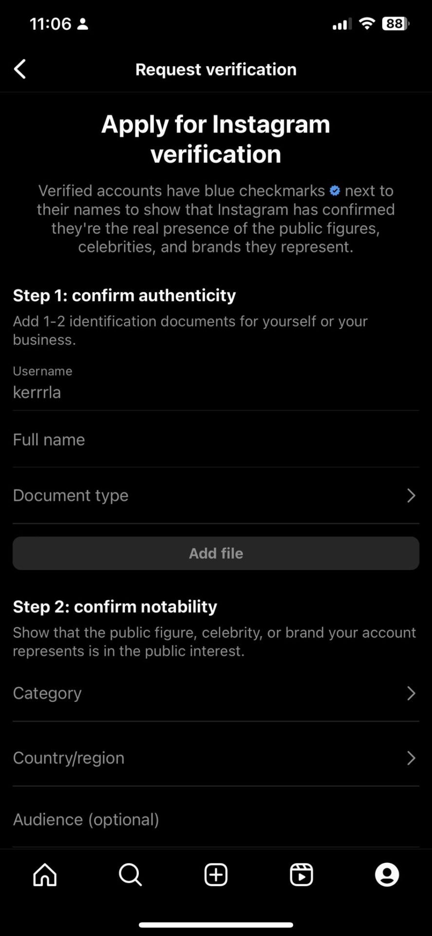 Instagram form for verification 