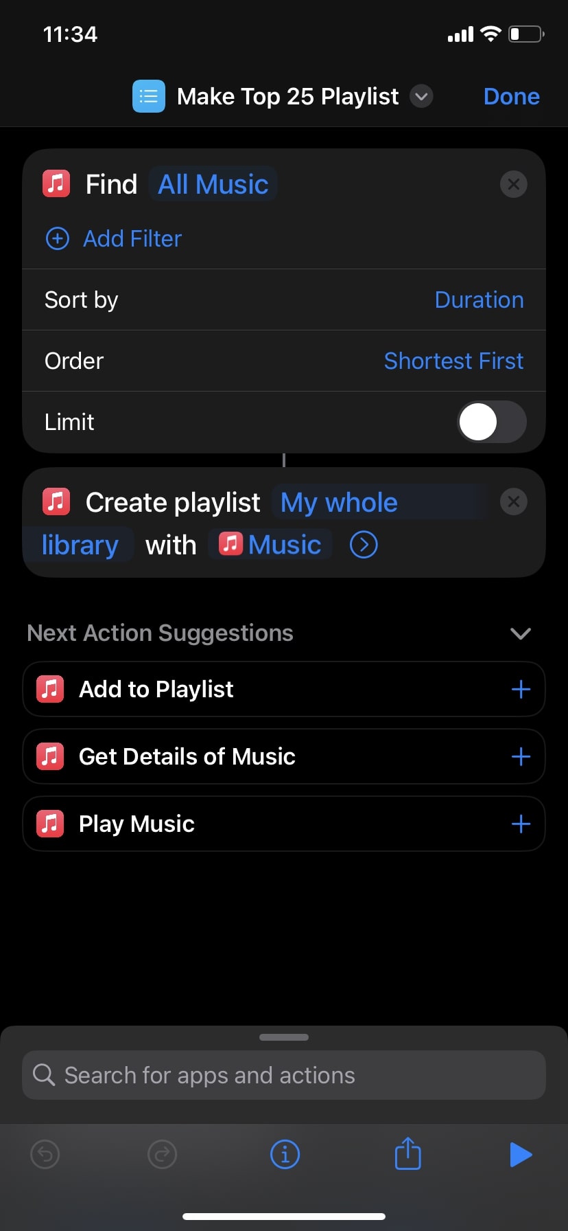 Make Top 25 Playlist shortcut settings on iPhone