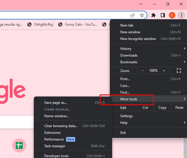 Google Chrome extensions - showing the more tools button