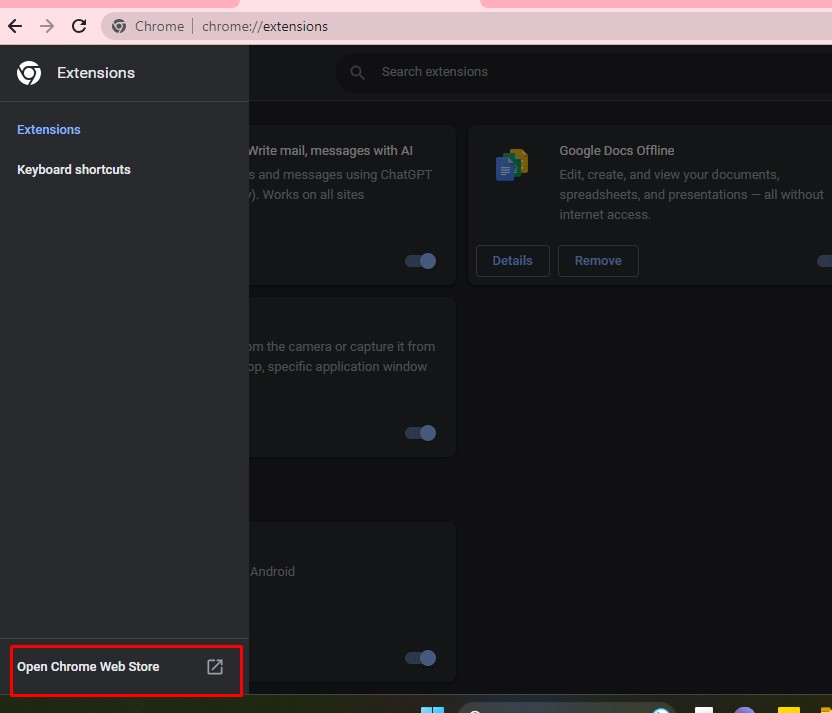 Google chrome extensions - open chrome web store button