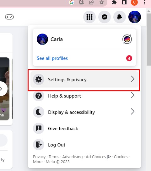 facebook - settings and privacy button