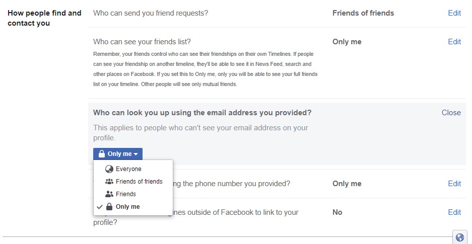 Facebook privacy and settings - who can look you up on facebook