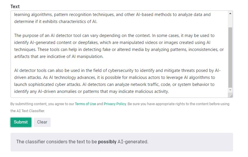 OpenAI Classifier AI detector tool