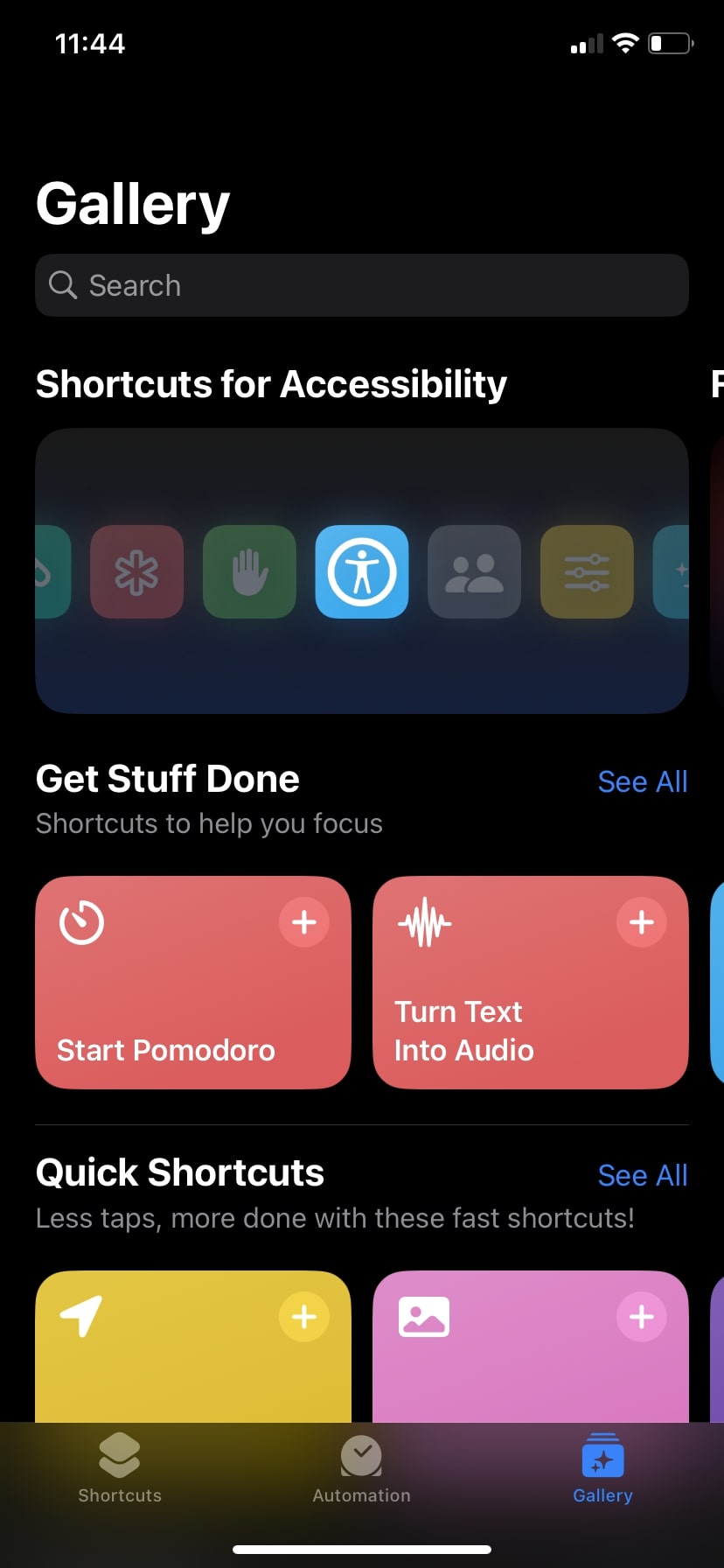 Shortcuts app Gallary section