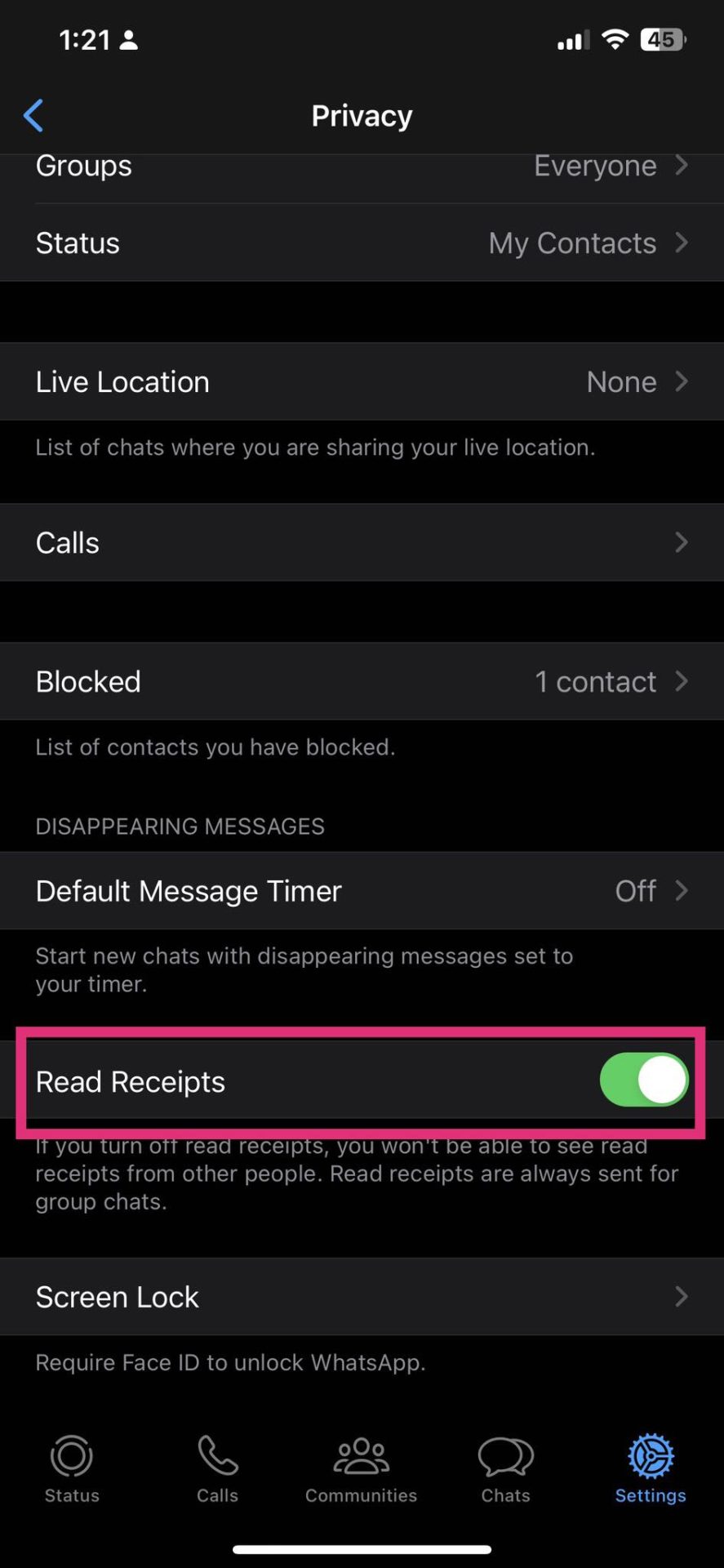 WhatsApp read receipts menu