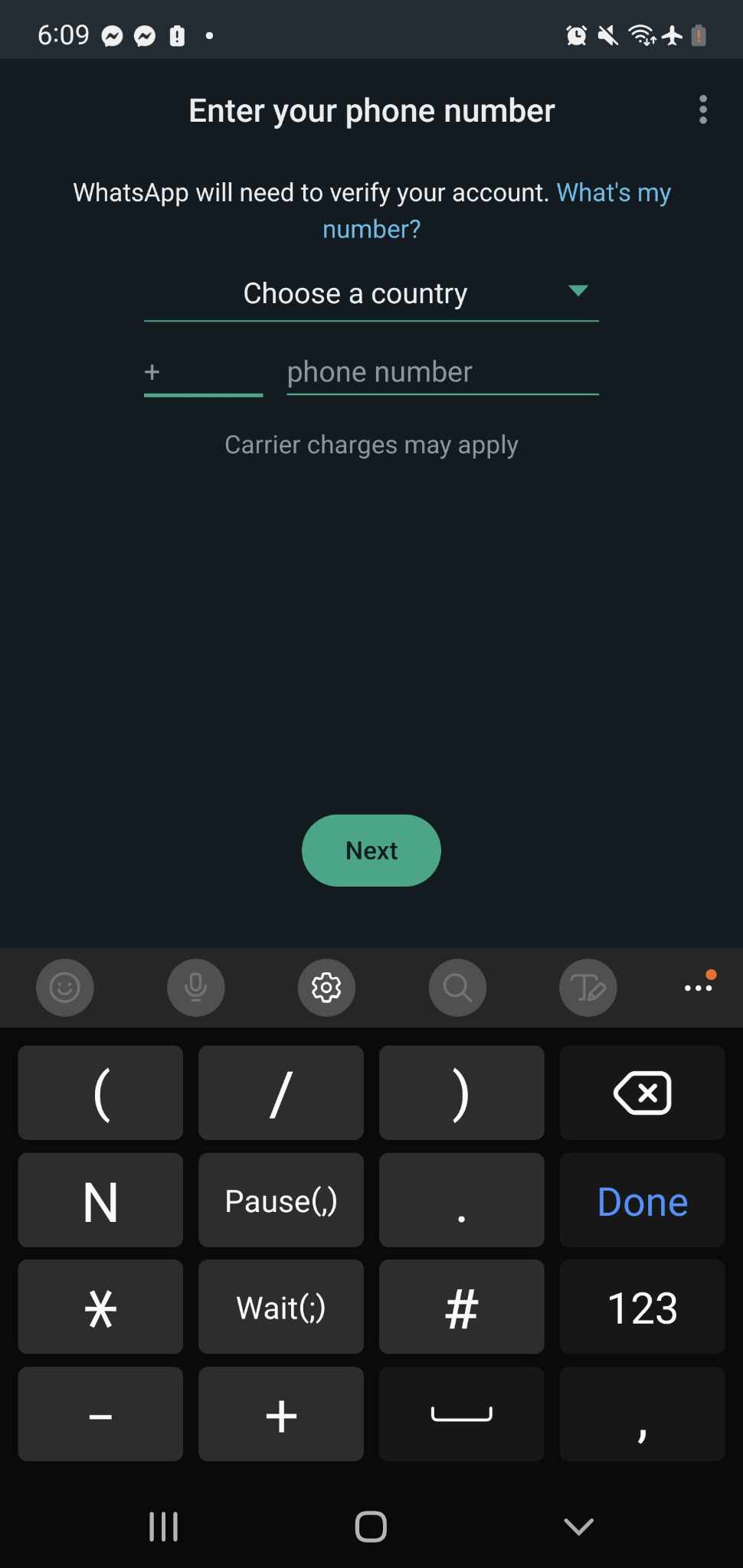 Whatsapp number input screen