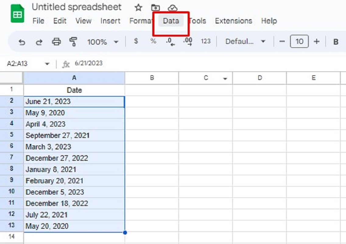 google spreadsheet - showing Data tab
