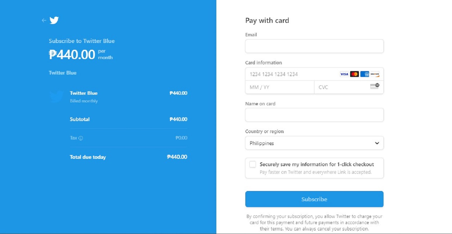 twitter website - payment for twitter blue subscription