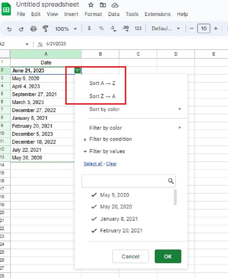 Google Spreadsheets- showing sorting button