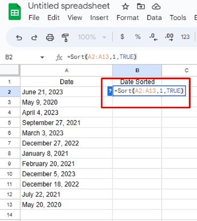 Google Spreadsheets - typing the sort function