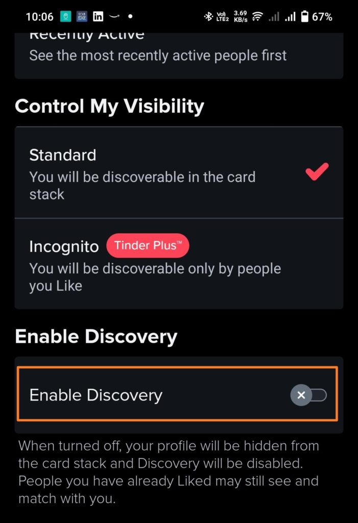 Disable Discovery on Tinder