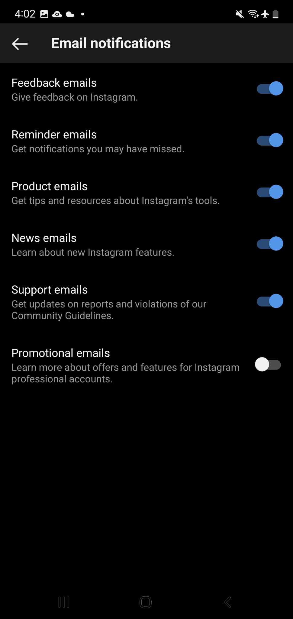 Email notifications on Instagram