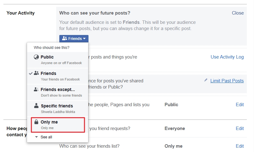 Facebook Activity Privacy Settings Only Me