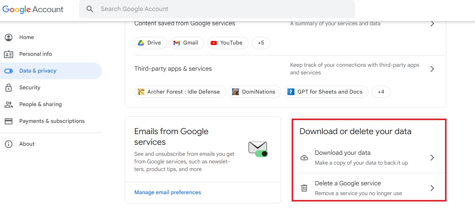 Google Download or Delete Your Data