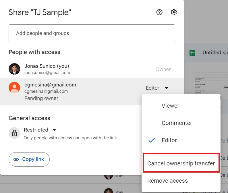 Google Drive Ownership Transfer Cancel