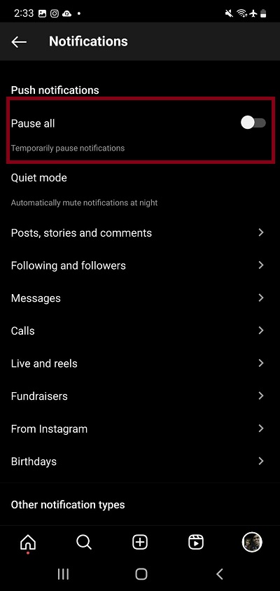 Pause All Notifcations from the Instagram Account