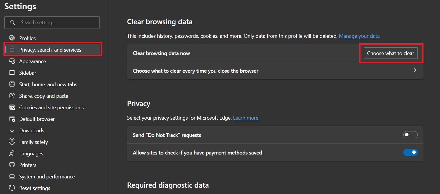 MIcrosoft Edge Clearing Cache