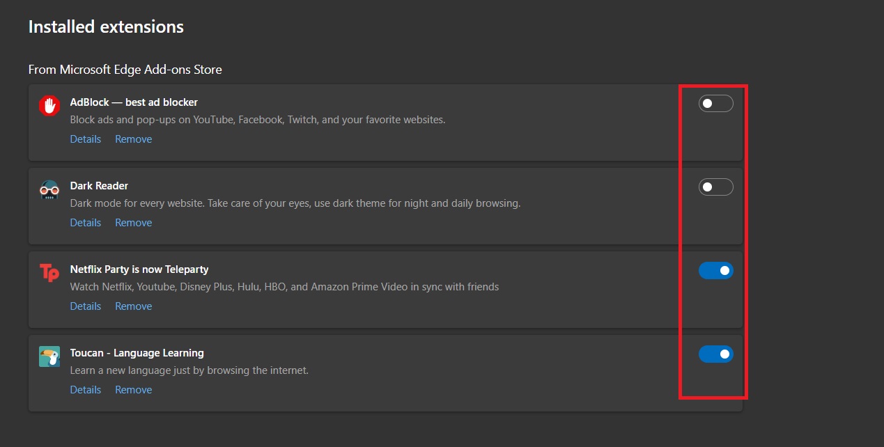 Microsoft Edge Disabling Extensions
