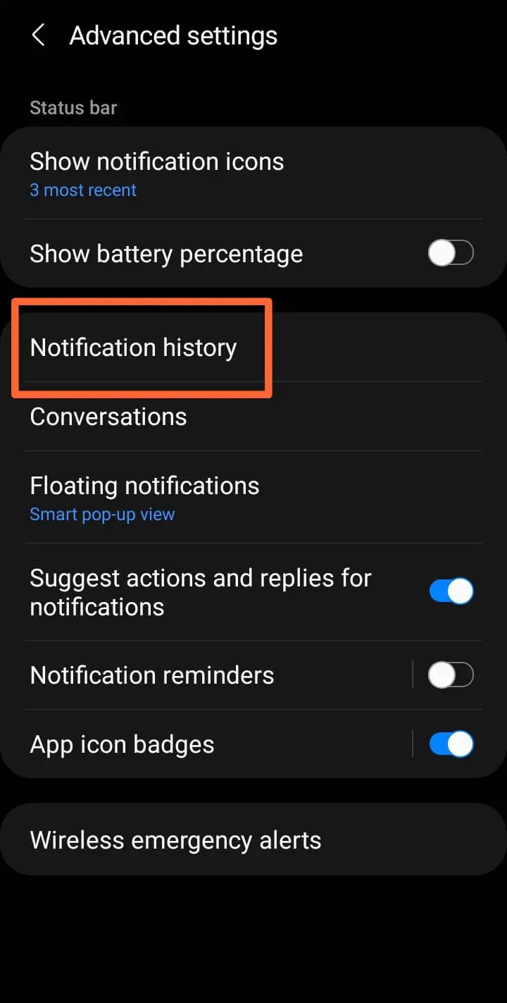 Notification History Advanced Settings
