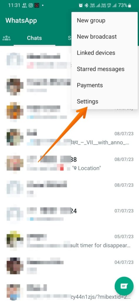 Open Settings on Whatsapp Android