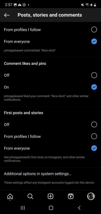 Notifcation settings for Posts, stories and comments