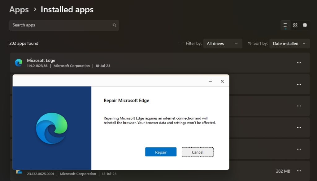 Repair Microsoft Edge