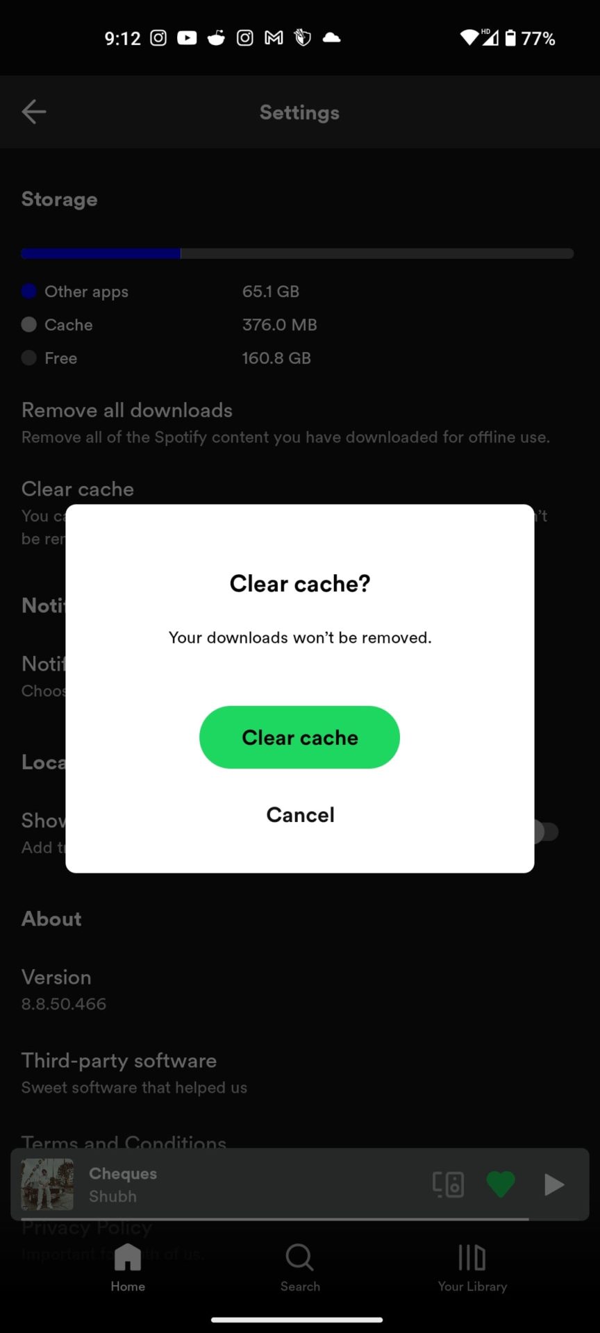 Spotify Clear cache button Android