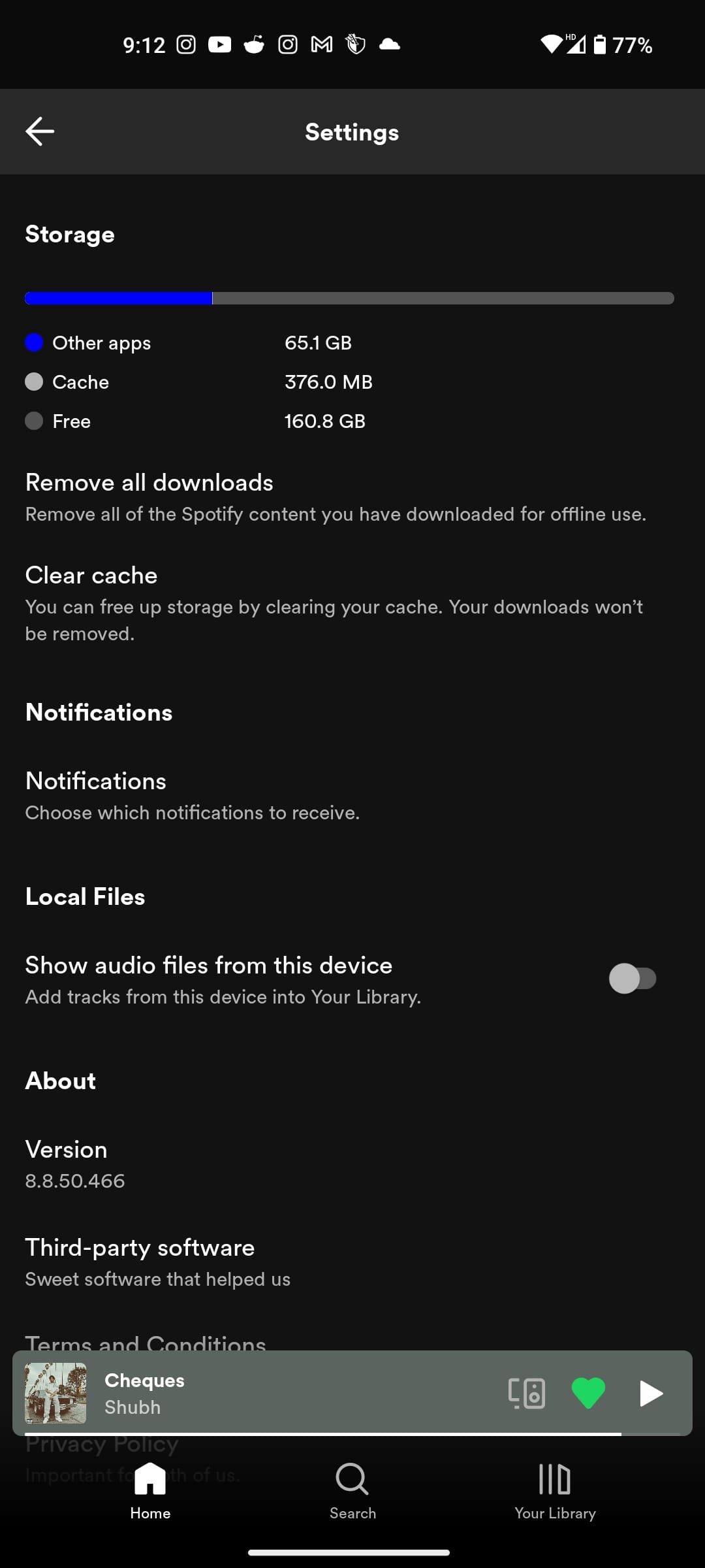 Spotify Clear cache option Android