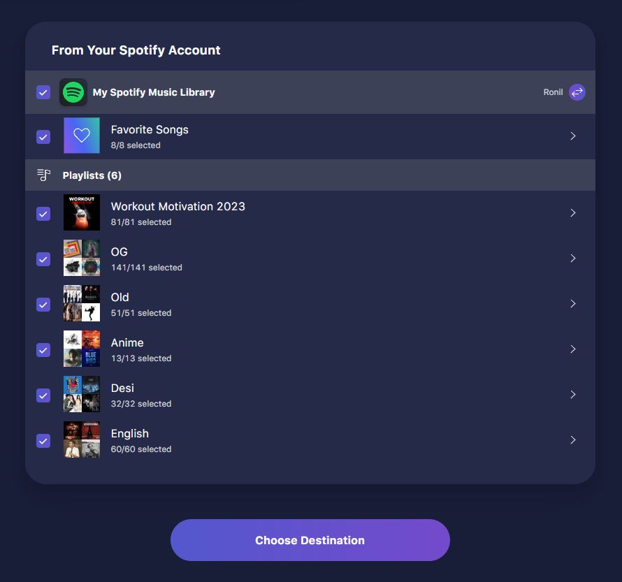 Spotify Playlists selected on TuneMyMusic