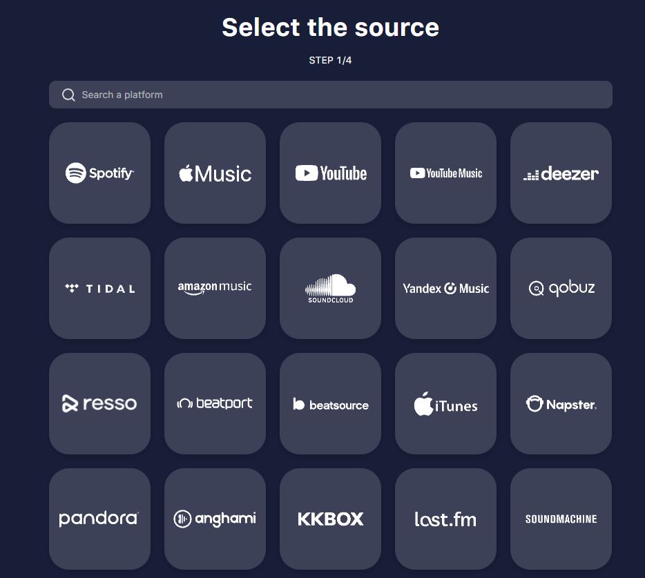 TuneMyMusic source platform selection page
