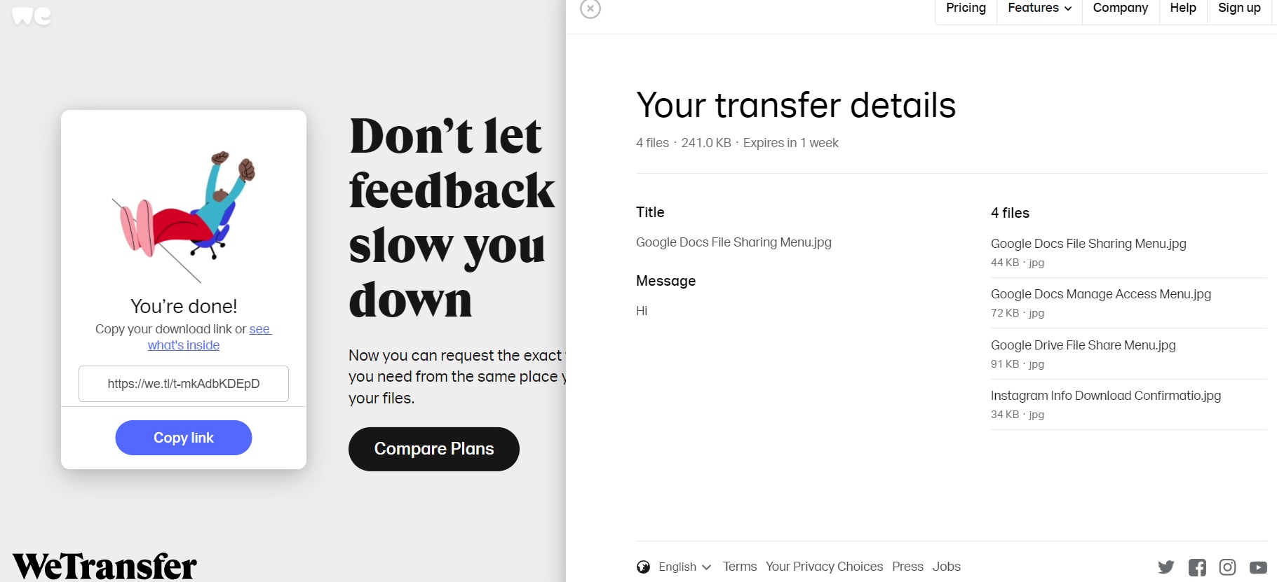 WeTransfer Copy Link Details