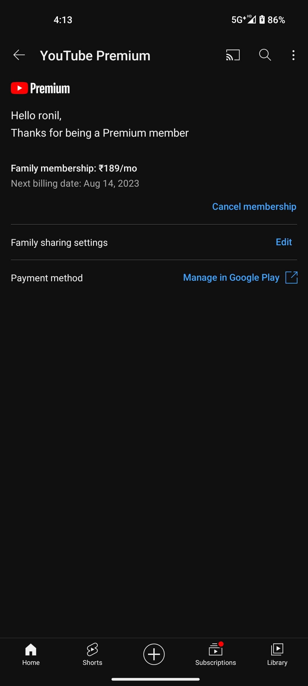 YouTube Cancel membership option