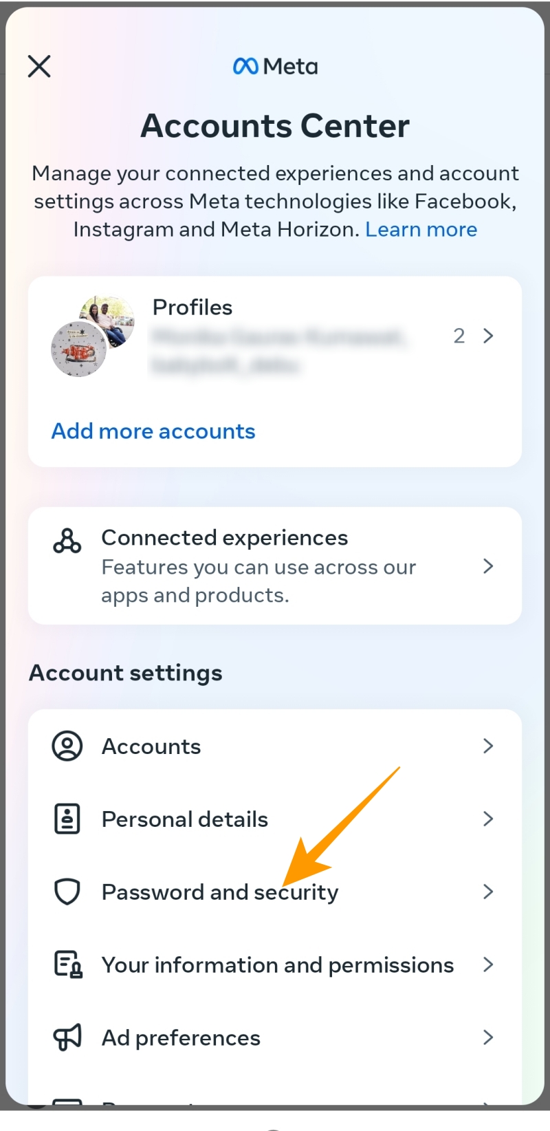 Account Center on Facebook app