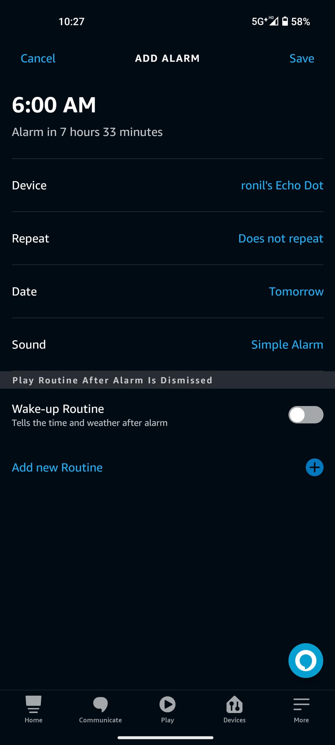 Alexa Alarm Save button
