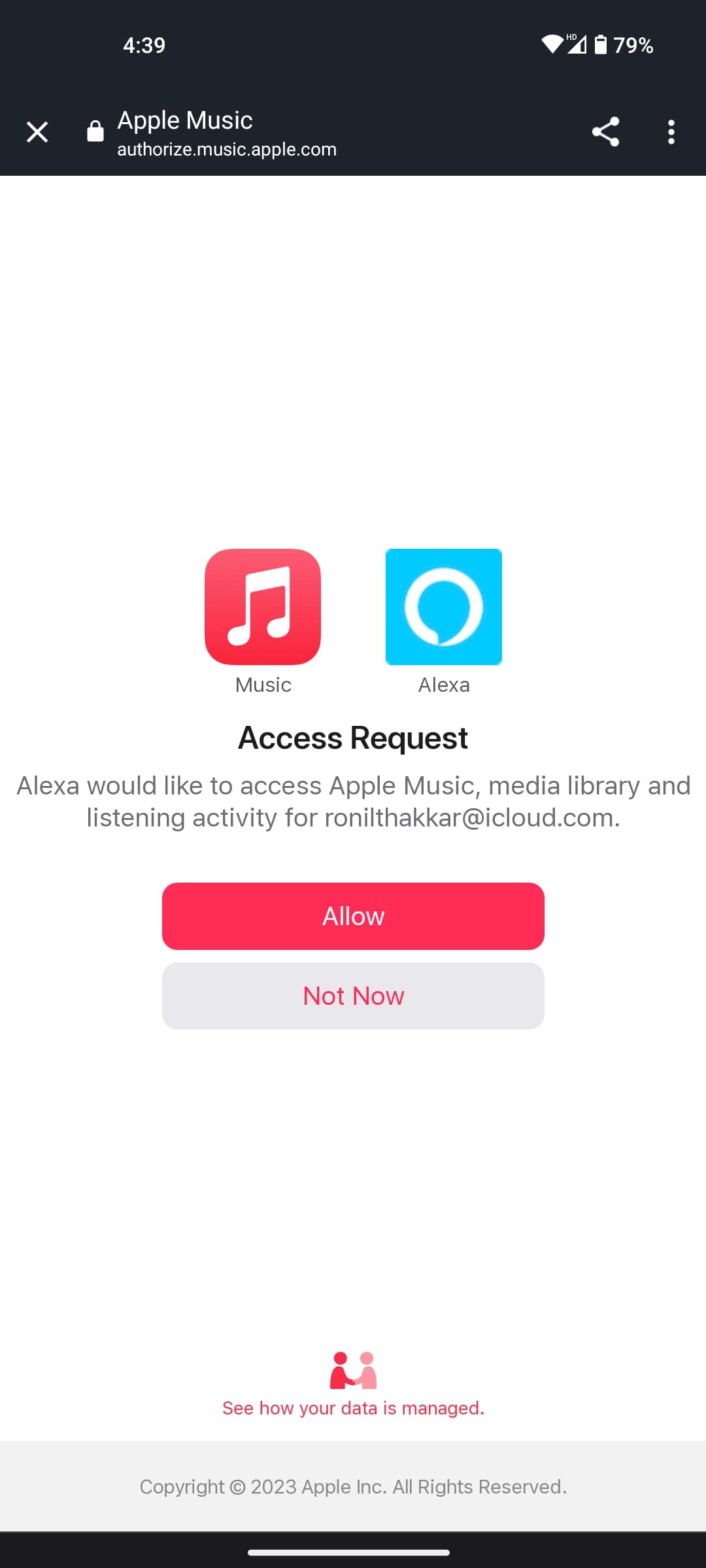 Alexa app Apple Music Allow button