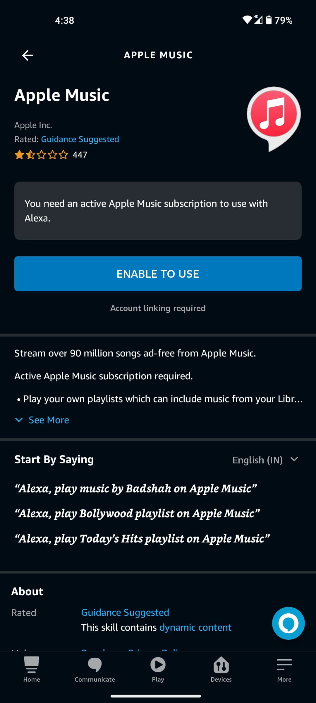 Alexa app Apple Music Enable To Use button