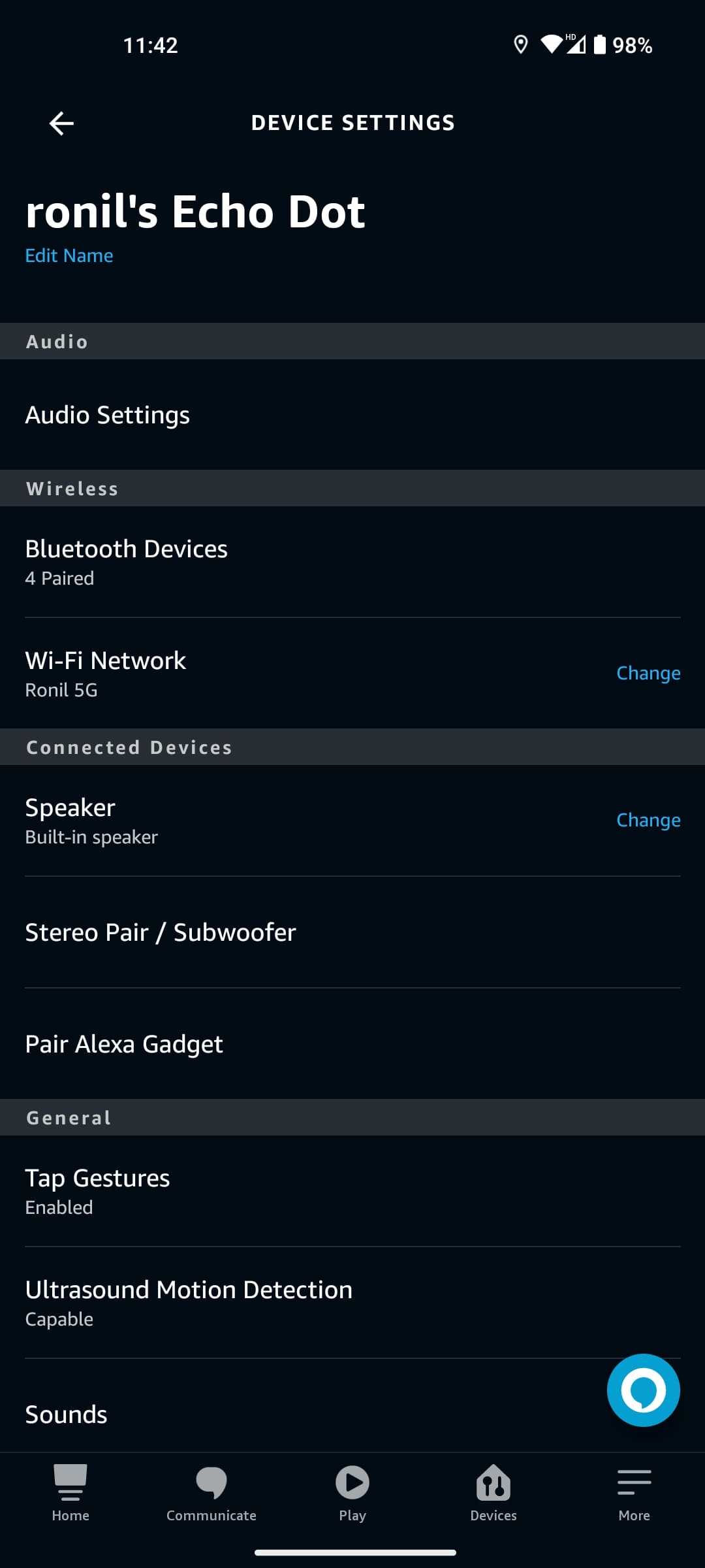 Alexa app Echo settings Change button next to the Wi-Fi network